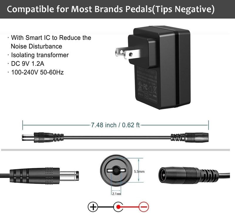 JOYO DC 9V 1.2A Guitar Pedal Power Supply with 5 Way Daisy Chain Cables, AC Wall Charger Power Adapter for Bass Guitar Effect Pedals (Tip Negative) - Image 3